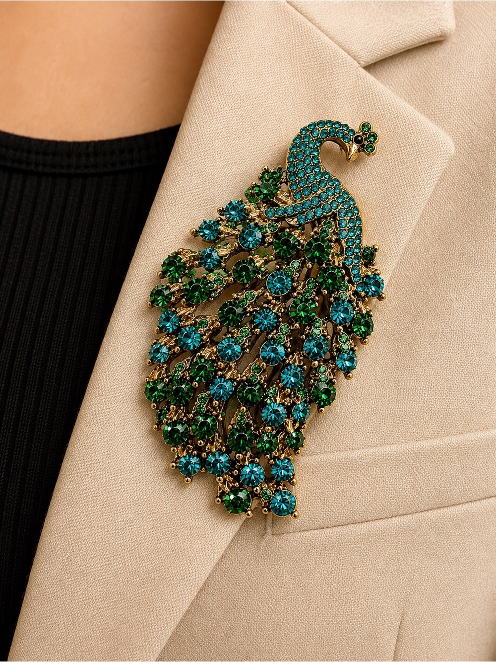 Peacock Rhinestone Brooch – Green & Turquoise Crystal Gold-Tone Pin